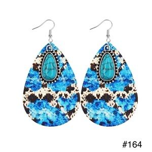 #164 | Blue & Cow Print Teardrop Turquoise Pendant Dangle Earrings